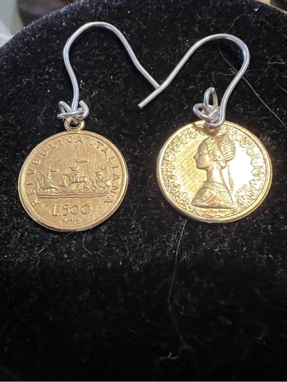 Two tone Italian 500 Lire coins on sterling silver hook earrings.